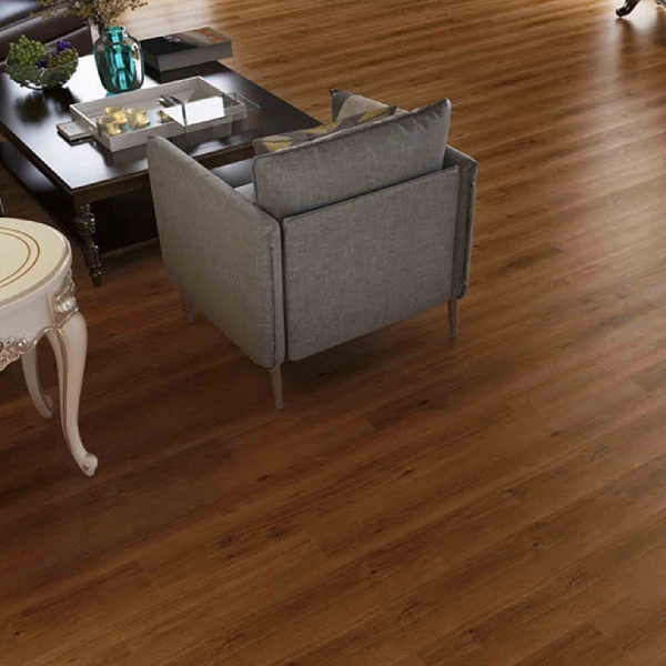 Click-lock SPC flooring with a rich, reddish-brown wood grain