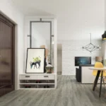 Grey wood-look SPC flooring in a modern entryway