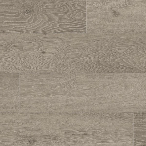 SPC flooring with a wide-plank, cool gray-brown wood grain pattern.