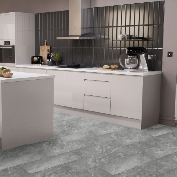 SPC tile flooring with a light gray marble in a modern kitchen