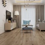 Warm-toned, light brown wood-look SPC flooring