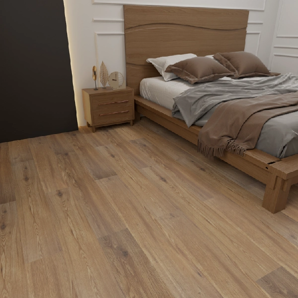 Wood-look SPC flooring with a warm, golden-brown oak grain