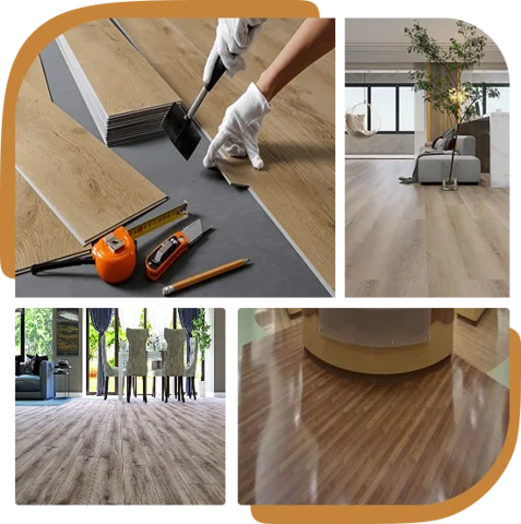 collage showing SPC wood look flooring