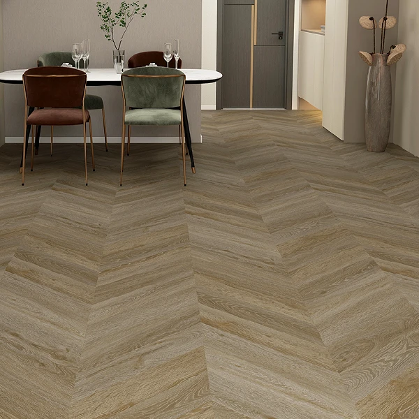 Dining area with large-plank vinyl flooring in a chevron pattern
