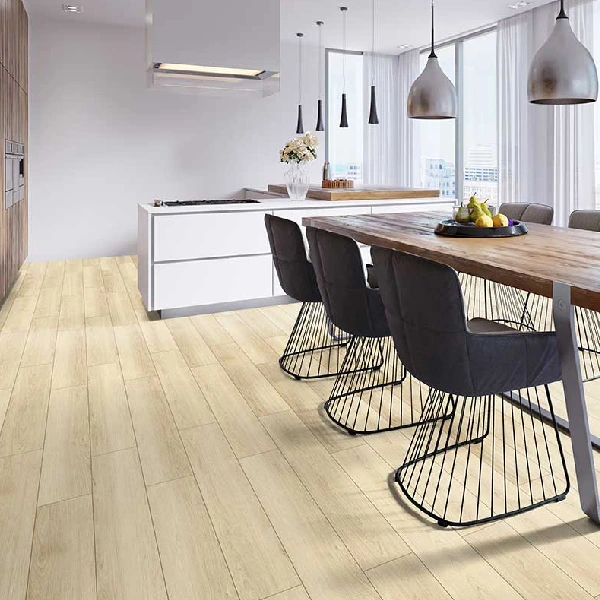Light wood-look laminate flooring in a modern kitchen