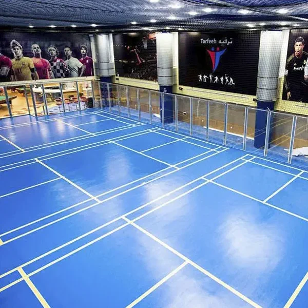 Bright blue gymnasium floor with white court lines