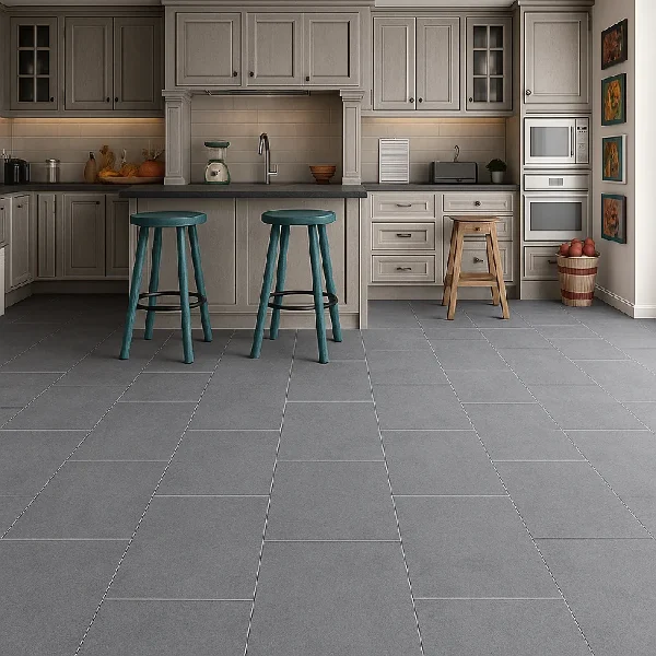 Dark grey square tile-effect anti-slip vinyl flooring in a kitchen