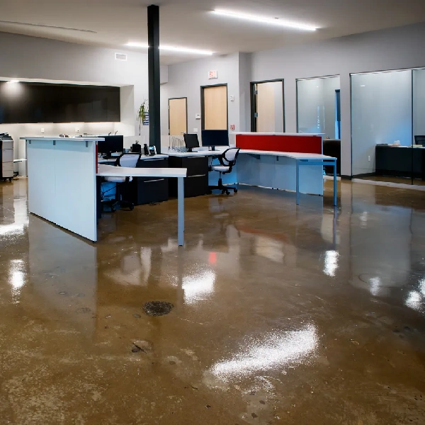 Glossy brown epoxy floor in a modern open office space.