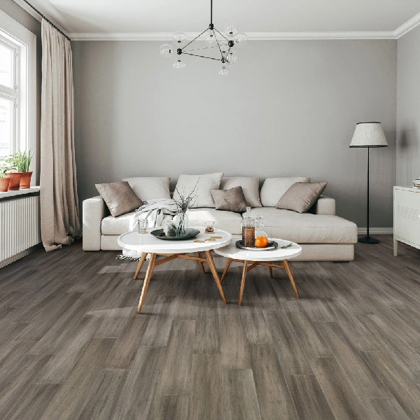 Gray weathered plank bamboo living room flooring.