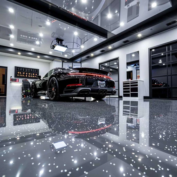 High-gloss speckled epoxy floor in a luxury garage