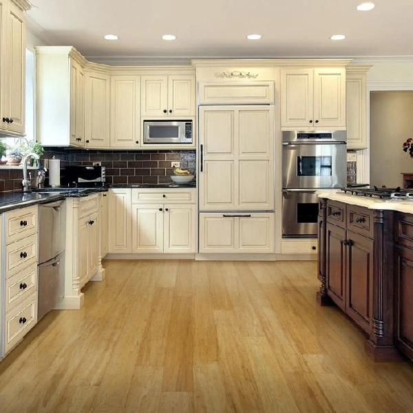 Light oak plank bamboo kitchen flooring.