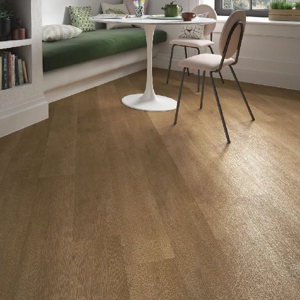Medium brown vinyl plank flooring in a dining nook.