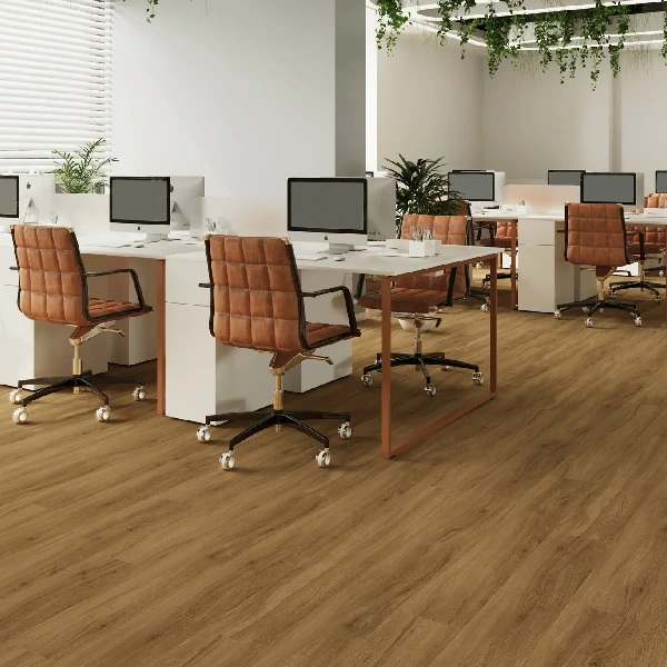 Medium brown wood-effect vinyl click flooring in a modern office