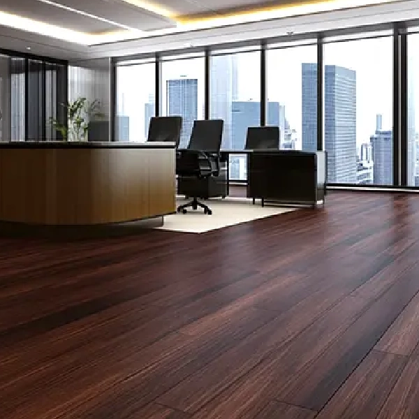 Solid wood flooring with wide, dark mahogany planks in a modern office