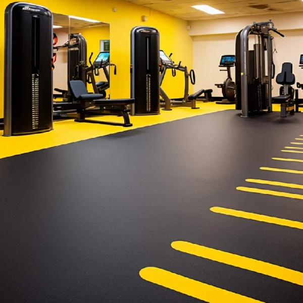 Two-tone gym flooring, primarily black with a large section