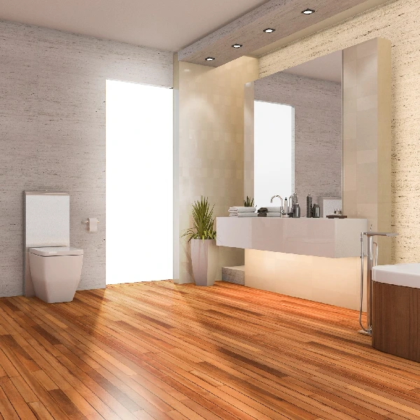 Warm apricot plank bamboo bathroom flooring.