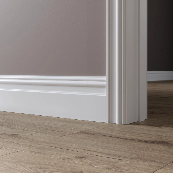 White MDF skirting board and architrave with decorative moulding