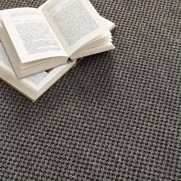 books resting on a dark gray sisal-style carpet.