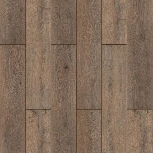 brown laminate flooring with a distressed oak wood grain pattern.