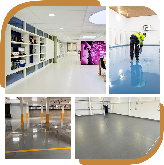 collage of four images showing different resin floor coatings