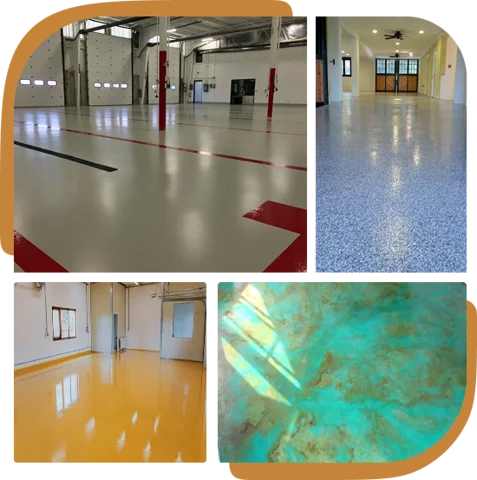 epoxy flooring with concrete, metallic, glossy and reflective surface