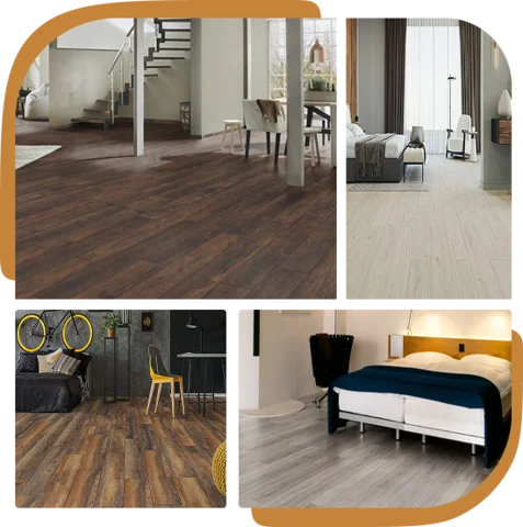 four different types of laminate flooring in various rooms