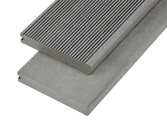 gray WPC decking boards, one side finely grooved