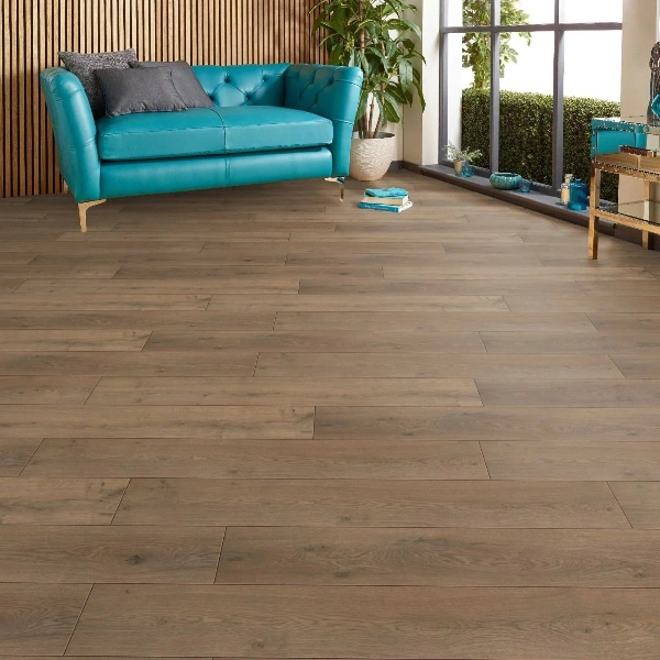 laminate flooring with a medium brown oak wood effect