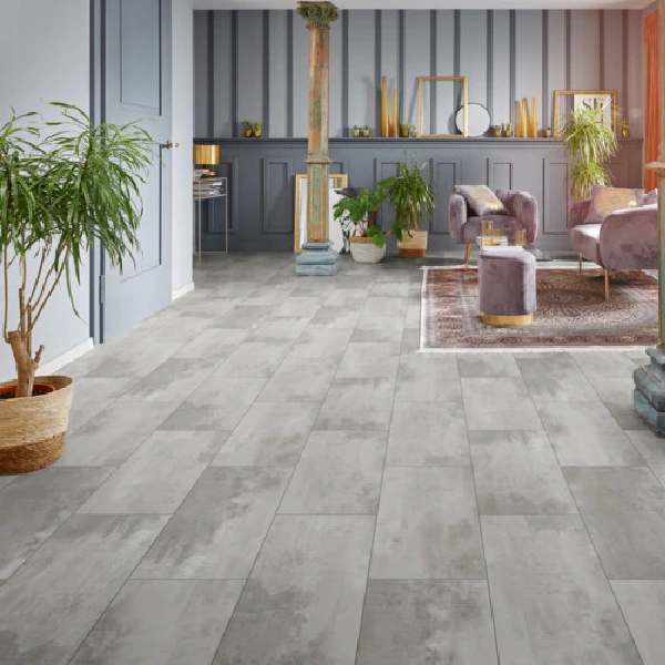 laminate tile flooring with a subtle concrete effect