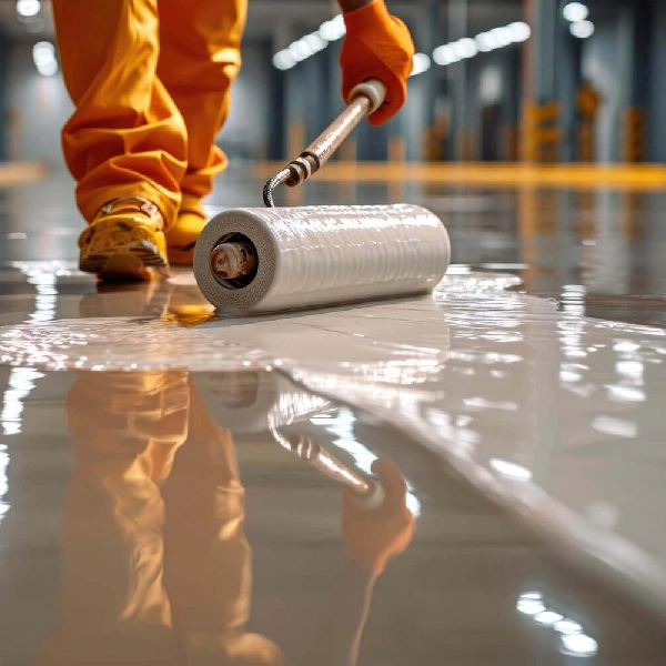 light-colored, reflective coating (likely epoxy) to a concrete floor